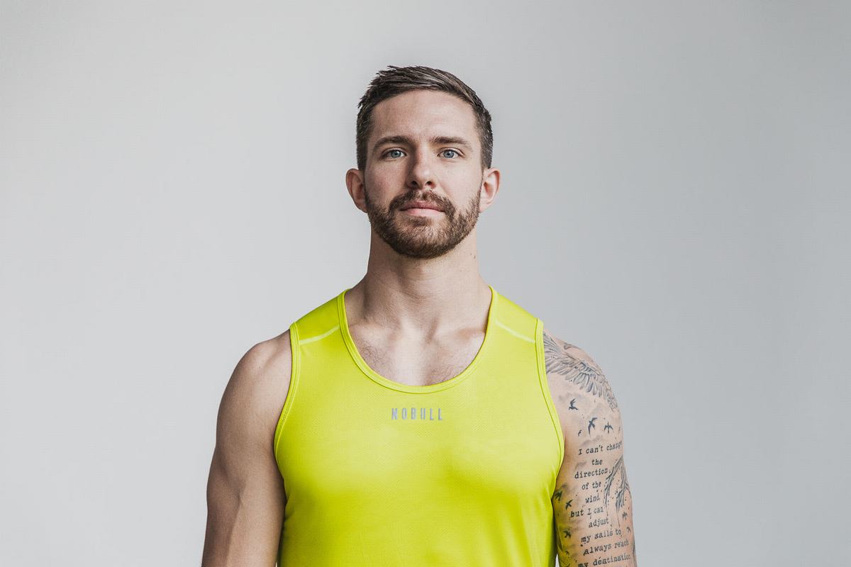 Nobull Lightweight Textured Neon Men\'s Tank Tops Yellow Camo | Australia (SL4153)